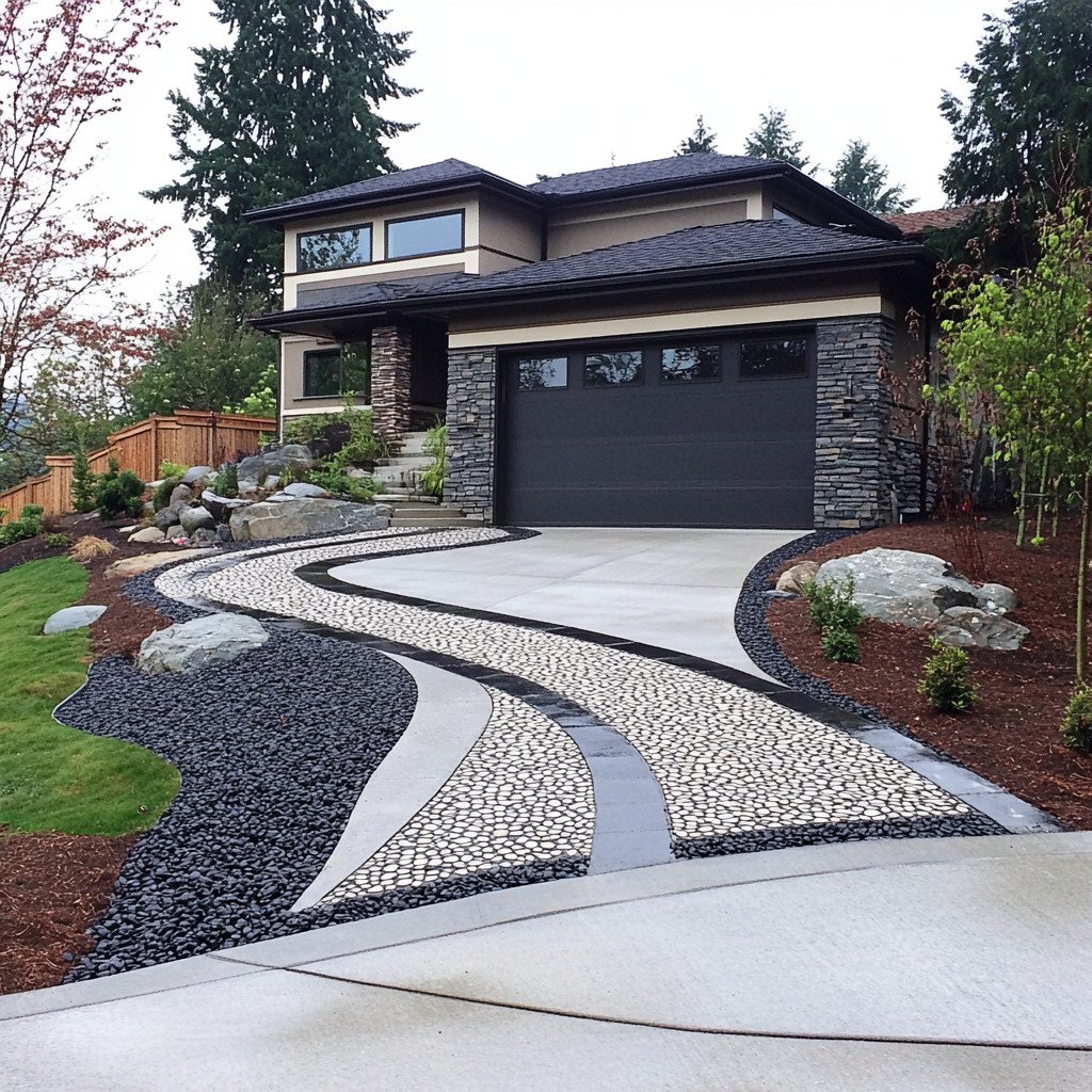 A-curved-concrete-driveway-with-smooth-polished-slabs-features-flowing-inlays-of-black-river-stones-and-white-pebbles